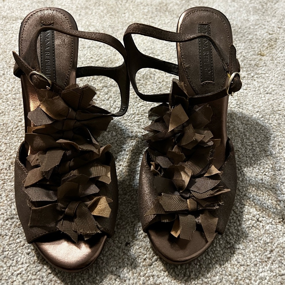 Banana Republic Dark Bronze Heeled Sandals with Ruffle Accents